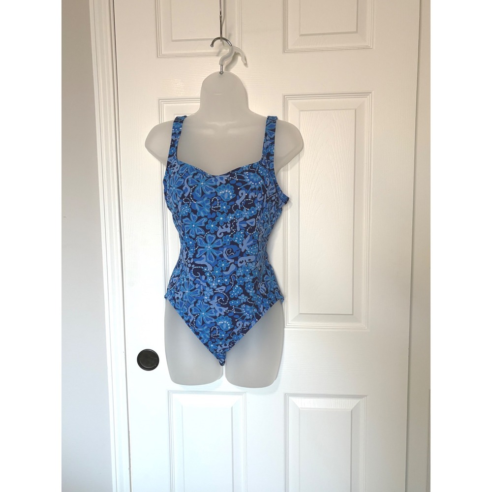 Speedo Vintage Blue Floral Paisley One Piece Swimsuit Shelf Bra Womens Size 14